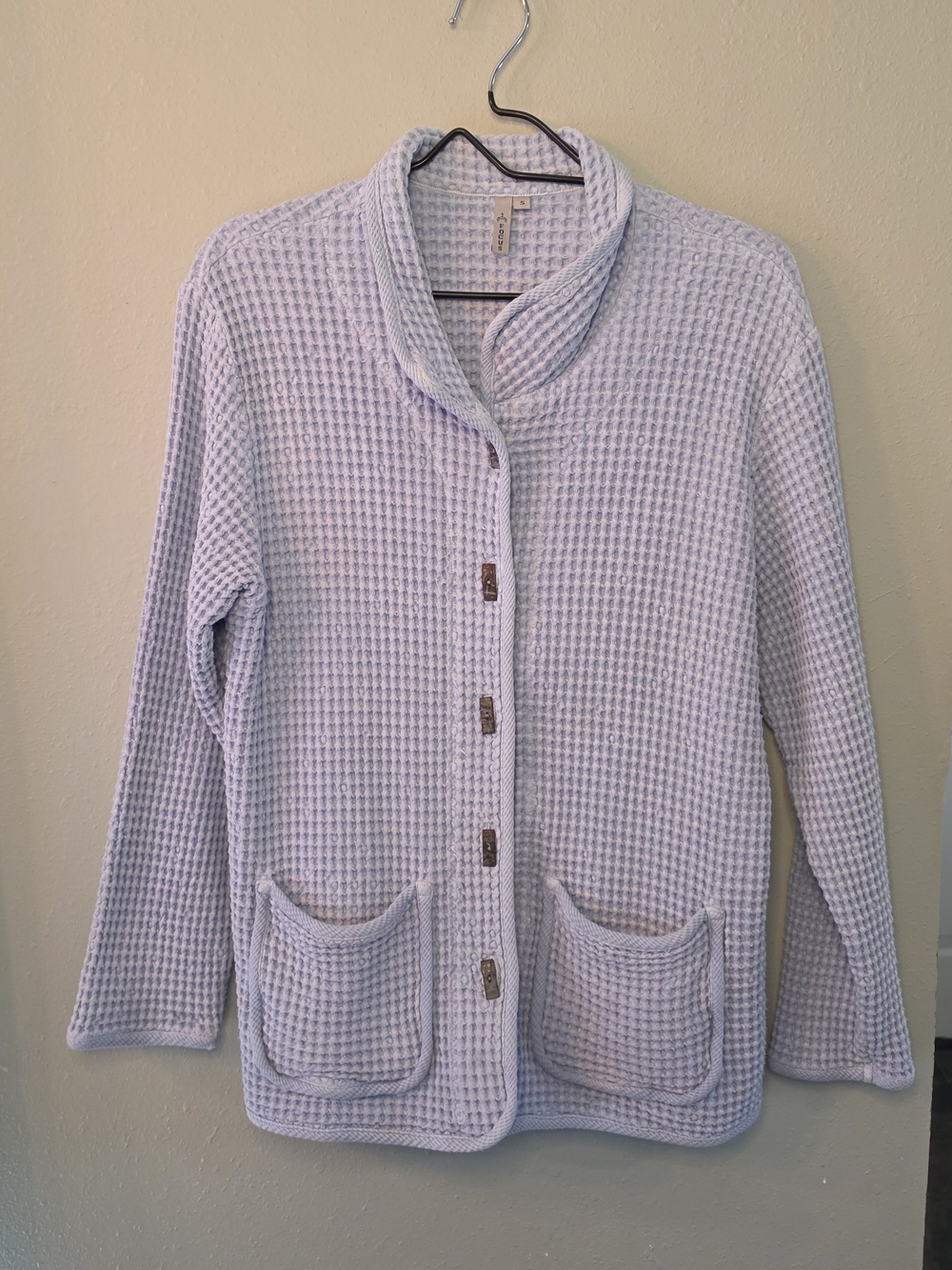 Focus Waffle Knit Cardigan Sweater Small Blue Button Front Cozy Cottagecore